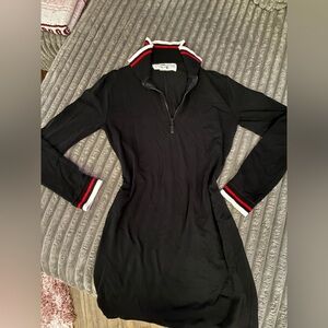 Chic Black Long Sleeve Dress with Red and White Trim